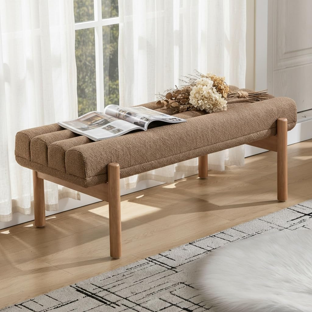 47" Upholstered Entryway Bedroom Bench End of Bed, Modern Brown Chenille Tufted Bedroom Indoor Bench with Wood Natural Finish, Entry Ottoman Bench for Hallway Window Dining Living Room