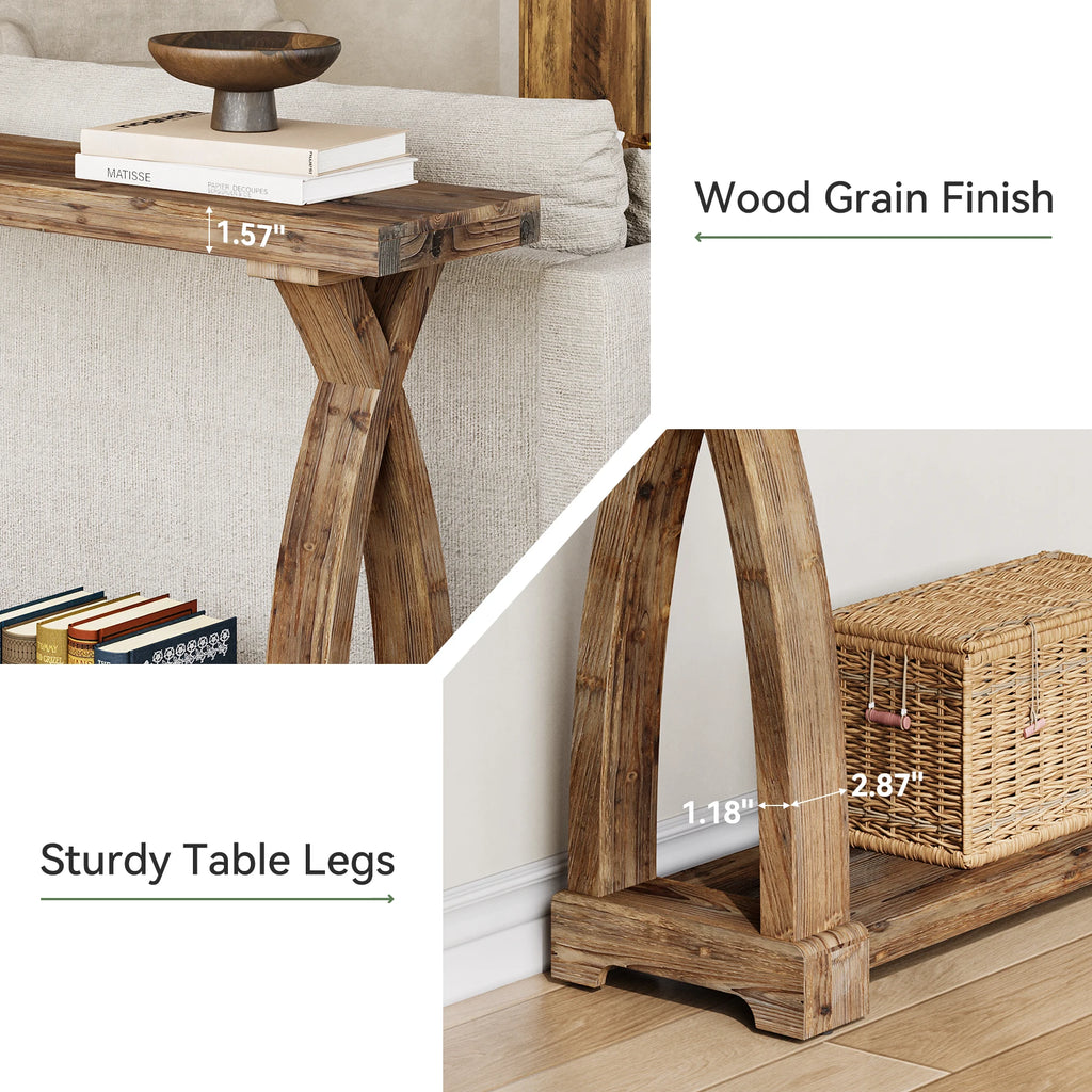 Solid Wood Console Table for Entryway, 63-Inch Narrow Farmhouse Couch Table behind Sofa with 2-Tier Storage for Entrance, Foyer, Living Room, Long, Rustic Brown