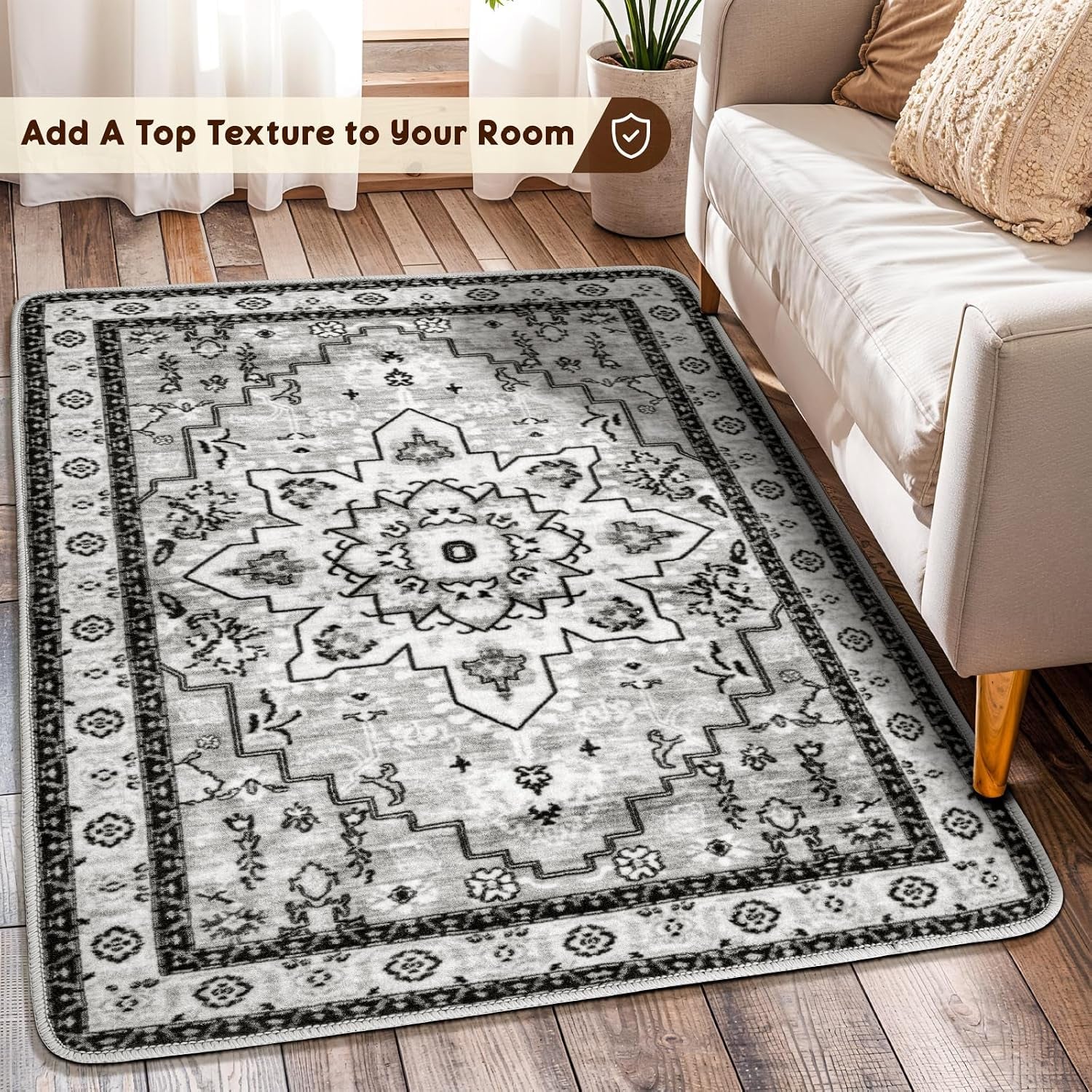 Machine Washable Rug Soft Pet Friendly Carpet 2X3 Gray | Persian Rug 2X3 for Entryway, Kitchen, Bathroom Non Slip Carpet, Foldable Stain Resistant Rugs
