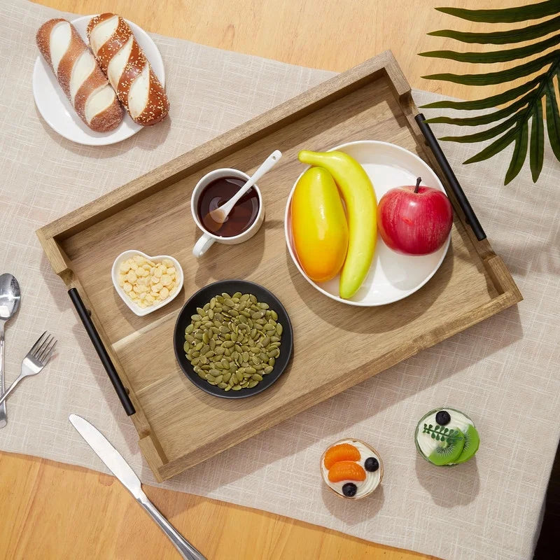 Acacia Wood Serving Tray with Metal Handles, 17X12 Inch Decorative Ottoman Tray for Coffee Table, Breakfast in Bed Tray, Multipurpose Serving Tray for Living Room, Kitchen, Bar