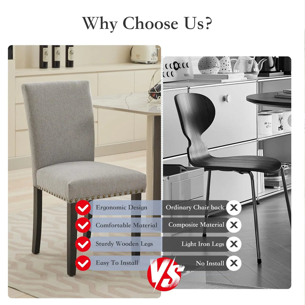 Upholstered Parsons Dining Chairs Set of 2, Fabric Padded Kitchen Chairs with Nailhead Trim & Sturdy Wood Legs, Modern Mid-Century Accent Seating for Living Room, Dining Room, Breakfast Nook