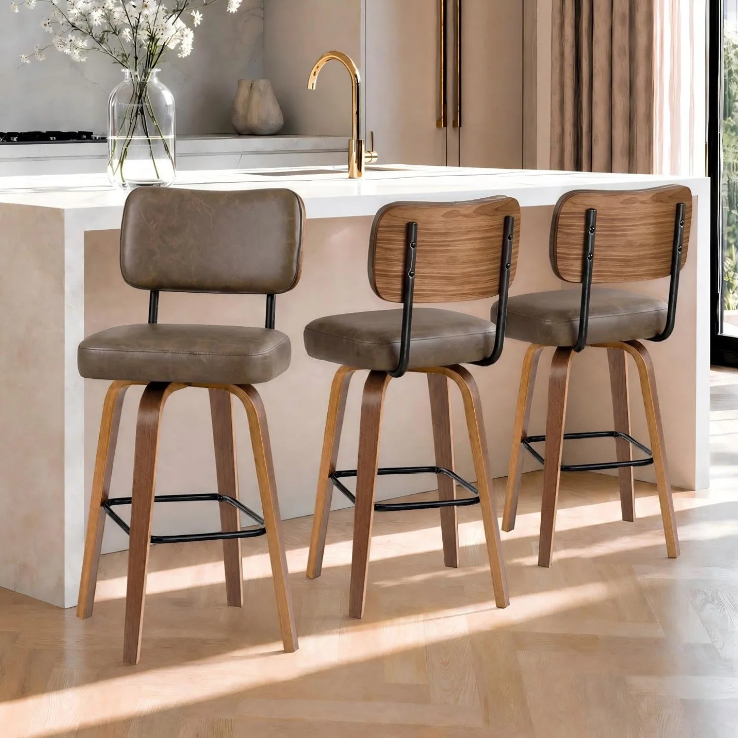 3 Pack Counter Height Bar Stools, Swivel Bar Stools with Back & Wood Legs,Faux Leather Upholstered Counter Stools for Kitchen Counter