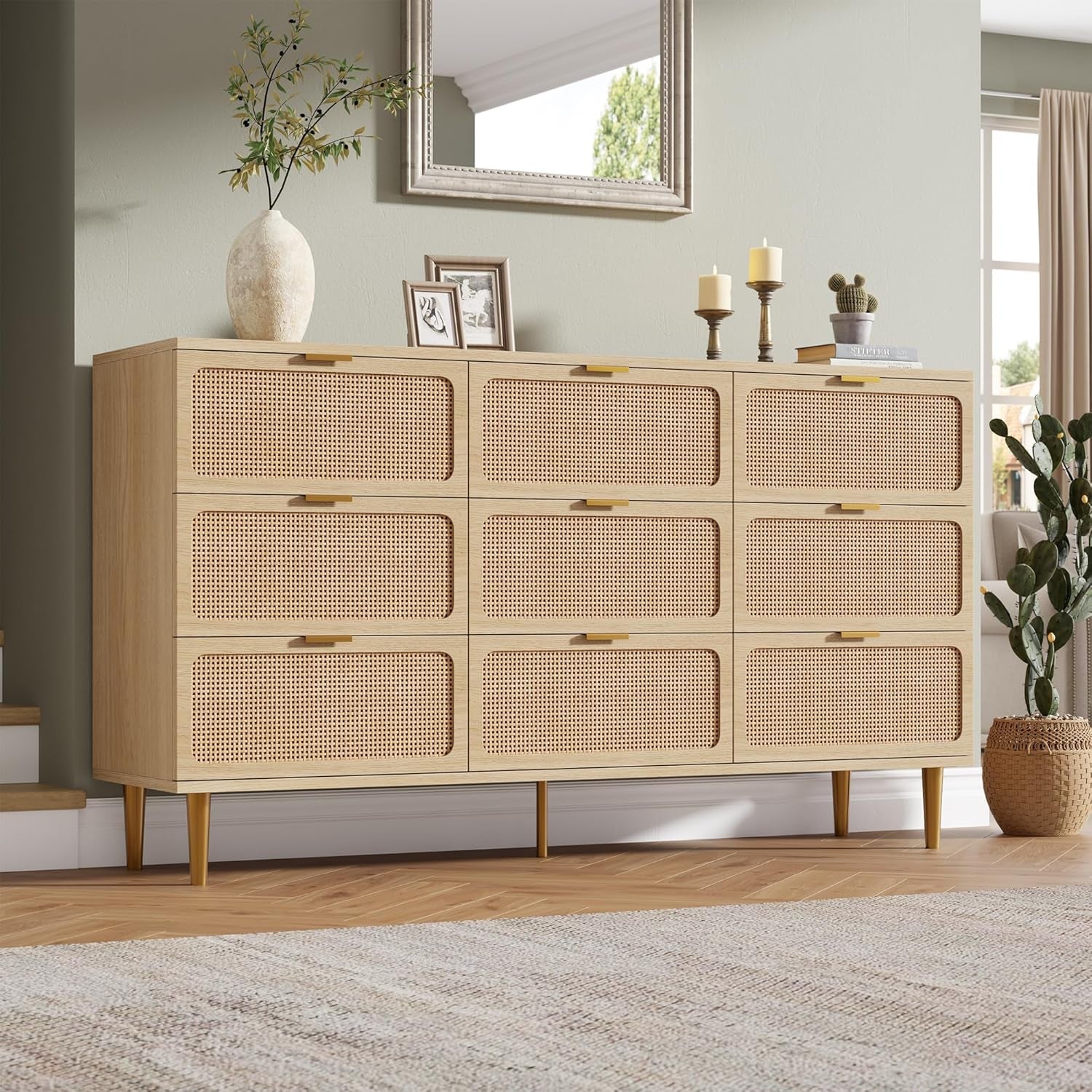 Rattan 9 Drawer Dressers for Bedroom, Deep Drawer, Natural | Tall Dresser, Wide Top, for Living Room, Hallway, Kids Room, Large Chest of Drawers for Closet, Long Wooden Dresser