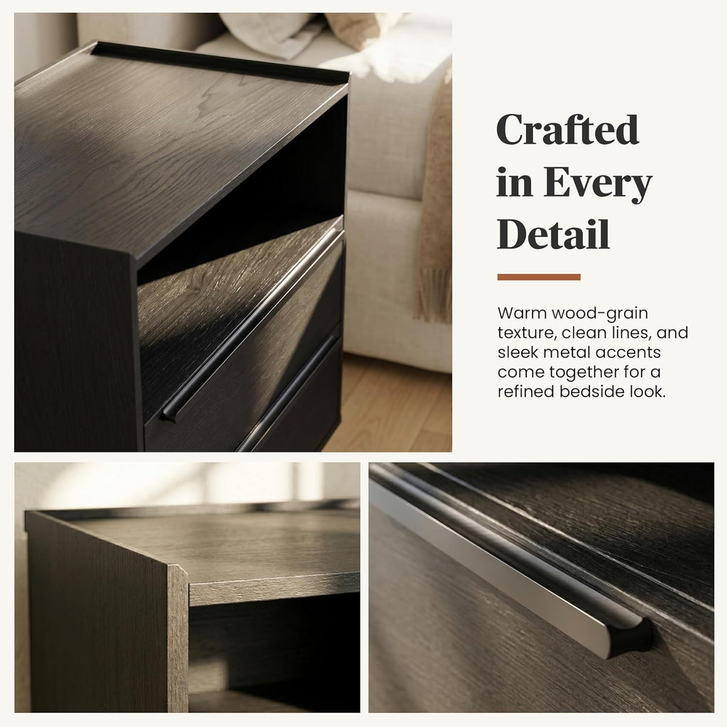 26 Inch Tall Black Oak Nightstand with Charging Station, 2 Drawers | 24 Inch Wide, 16 Inch Deep Design with Raised-Edge Tray Top, Open Shelf, Hidden Storage, and a Streamlined Look