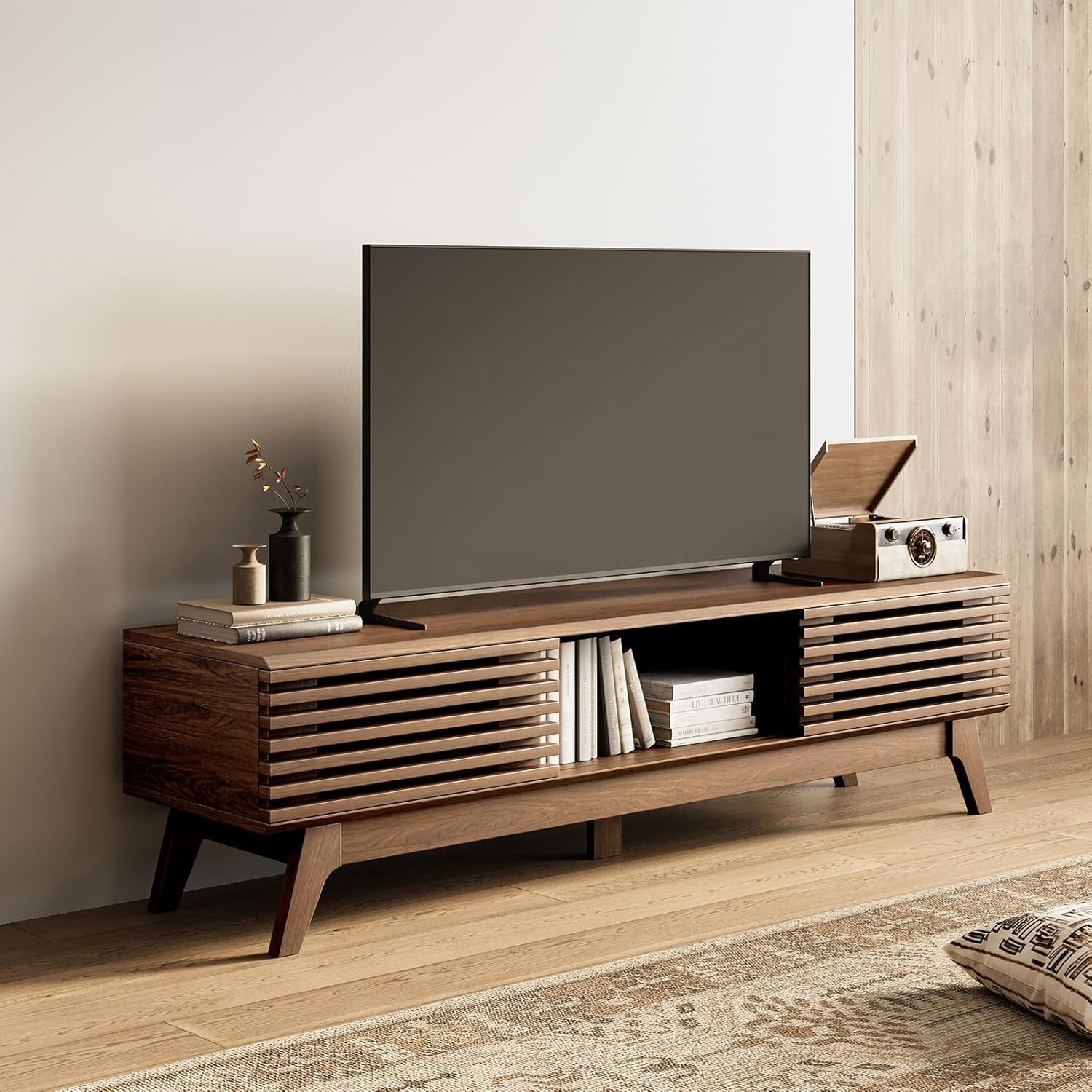 59" TV Stand, Media Console for Tvs up to 65", Walnut | Mid-Century Modern Design, Fluted Sliding Doors, Storage Cabinets, Cable Management, Media Console for Living Room, Bedroom