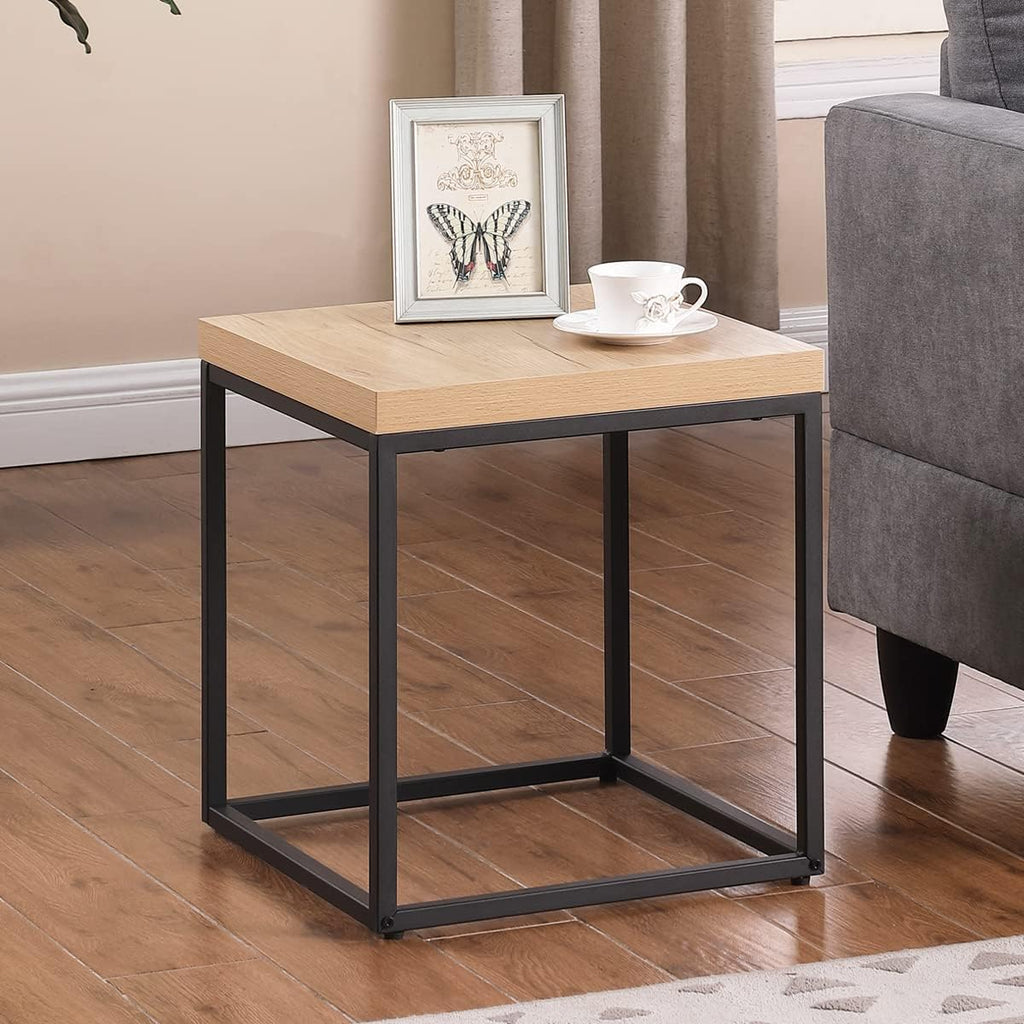 Natural Oak Coffee Table & End Table Set, 3-Piece Living Room Bundle – 47" Rectangle Center Table + 18" Square Side Table, Modern Industrial Wood & Metal Design (White Oak Finish)