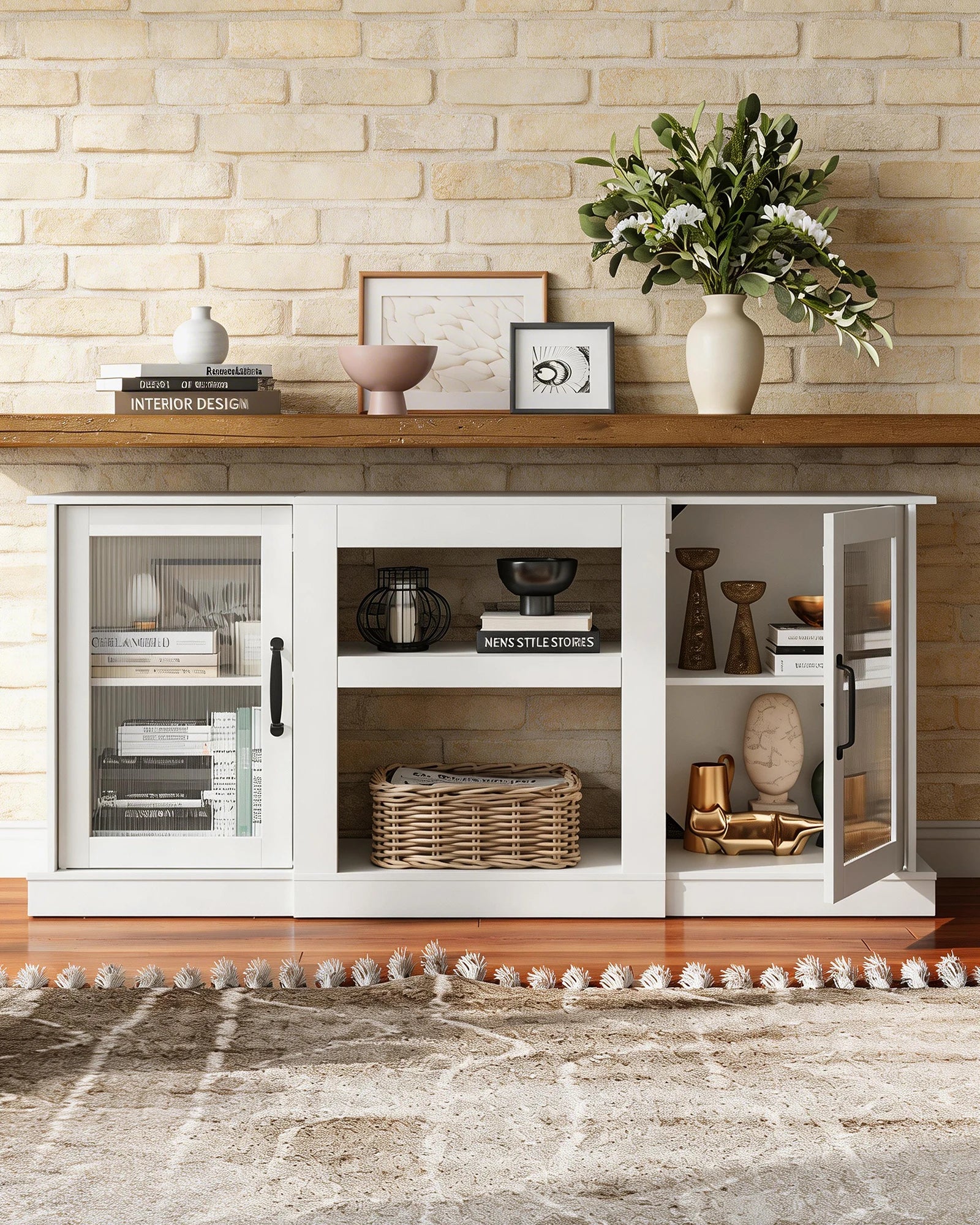 58" Farmhouse TV Stand for 65 Inch TV, Tall Entertainment Center with Storage Cabinets & Adjustable Shelves, Modern Media Console Table with Acrylic Doors for Living Room Bedroom