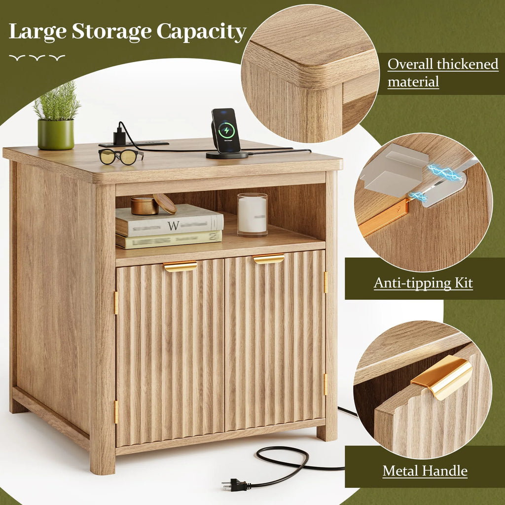 Modern Farmhouse Nightstands, Walnut/Oak Wood Bedside Table with Charging Station & Storage
