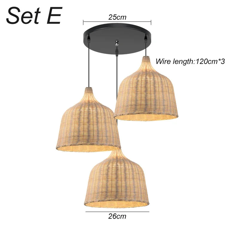 3 Pcs Lustre Rattan Wicker Lamp Shade Pendant Light Bamboo Ceiling Chandelier Set Suspended Luminaire Handmade Home Room Decor