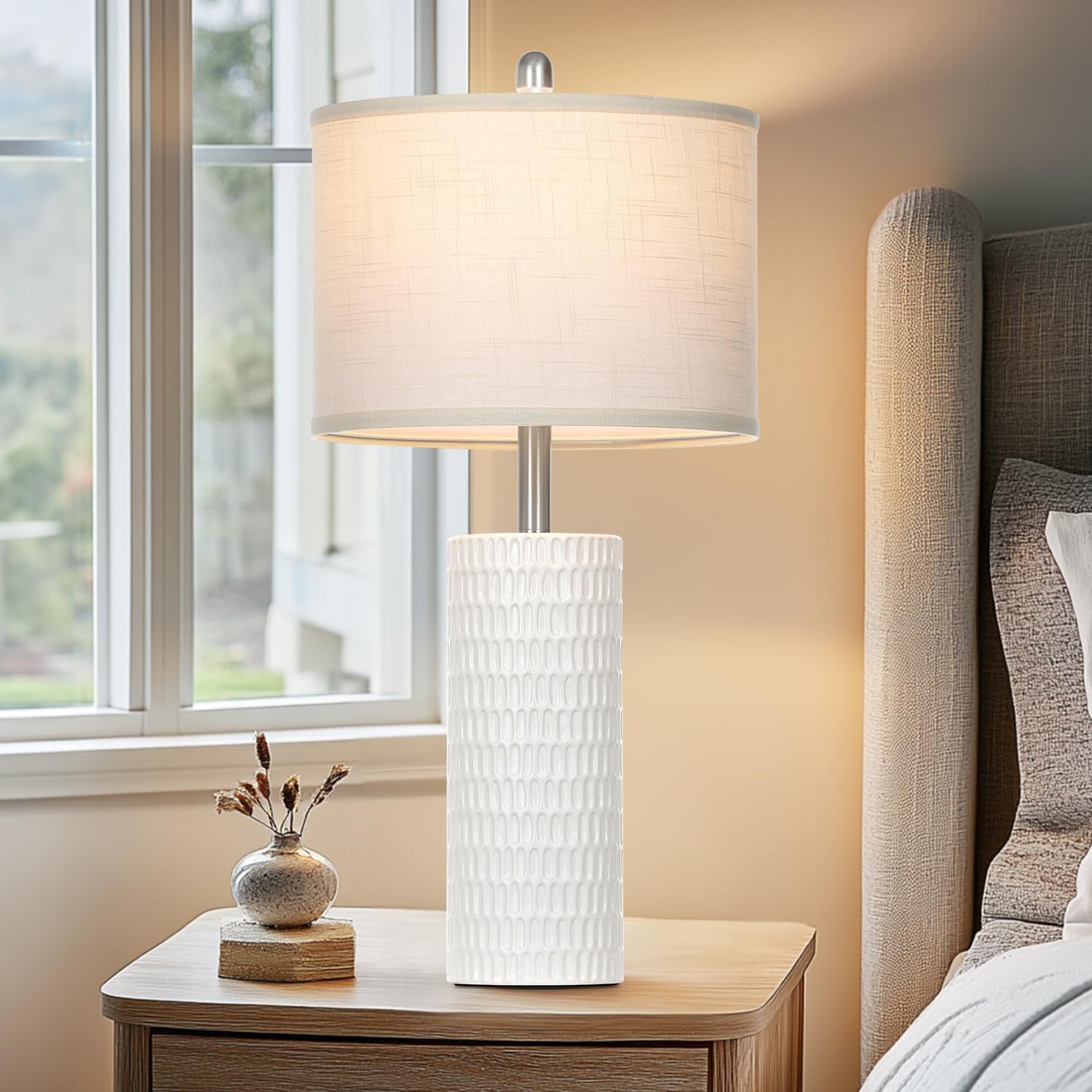 27" Ceramic Table Lamp, Farmhouse Table Lamp for Living Room, White Lamp for Bedroom, Night Stand, Modern Bedside Lamp Set of 2, End Table Lamps, White(2 Bulbs Included)