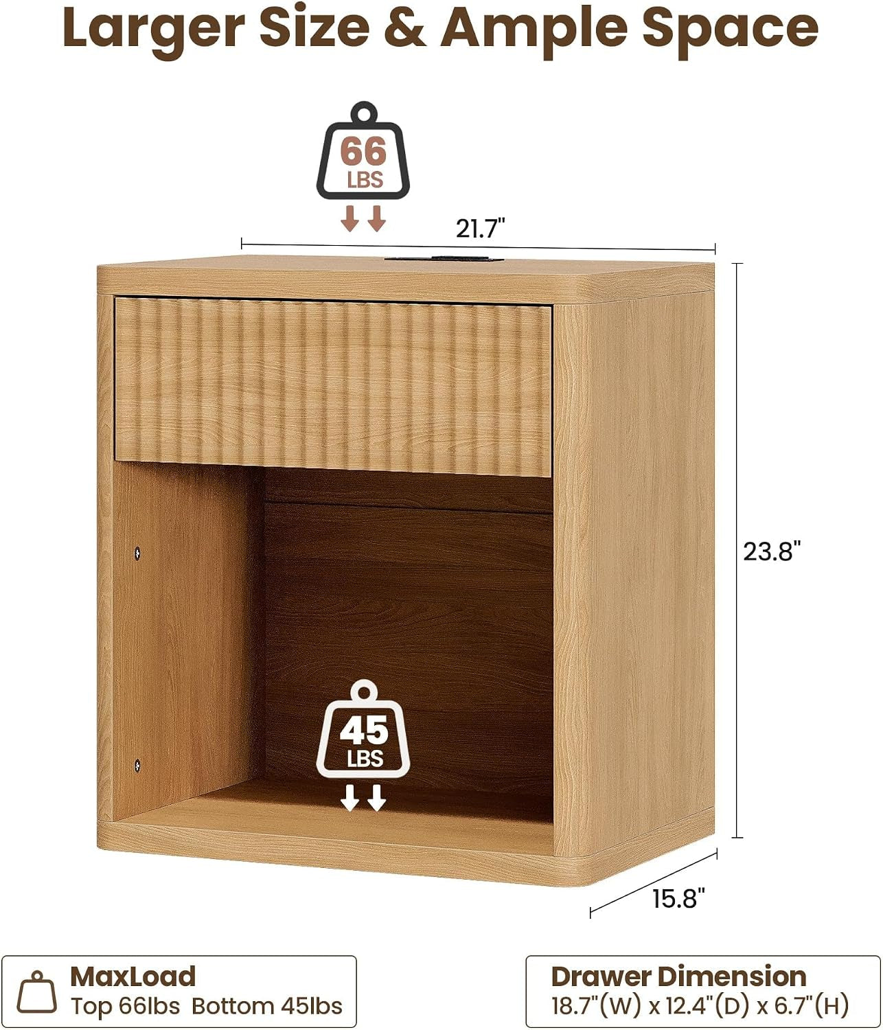 Fluted Nightstand Set of 2 with Charging Station, 21.7" Wide Modern Bedside Table with 1 Drawers Open Storage Cabinet, Wooden End Table for Bedroom, Natural Oak