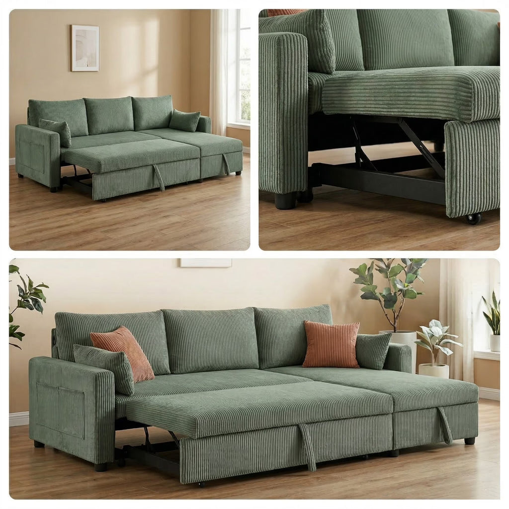 Olive drab corduroy L shaped sleeper sectional