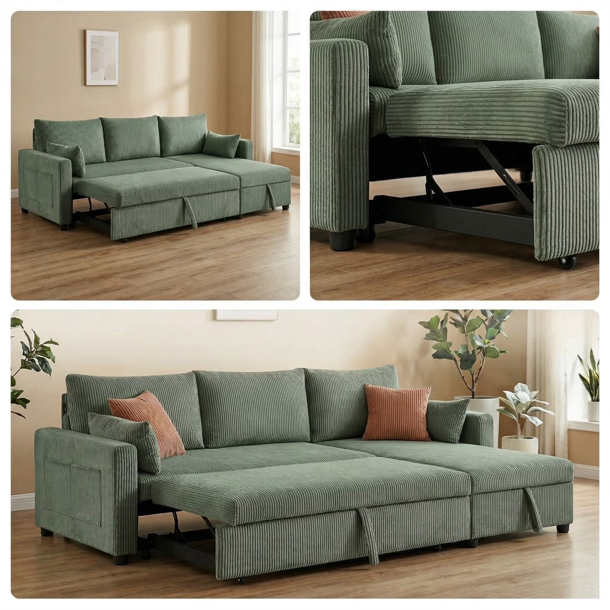 Olive drab corduroy L shaped sleeper sectional