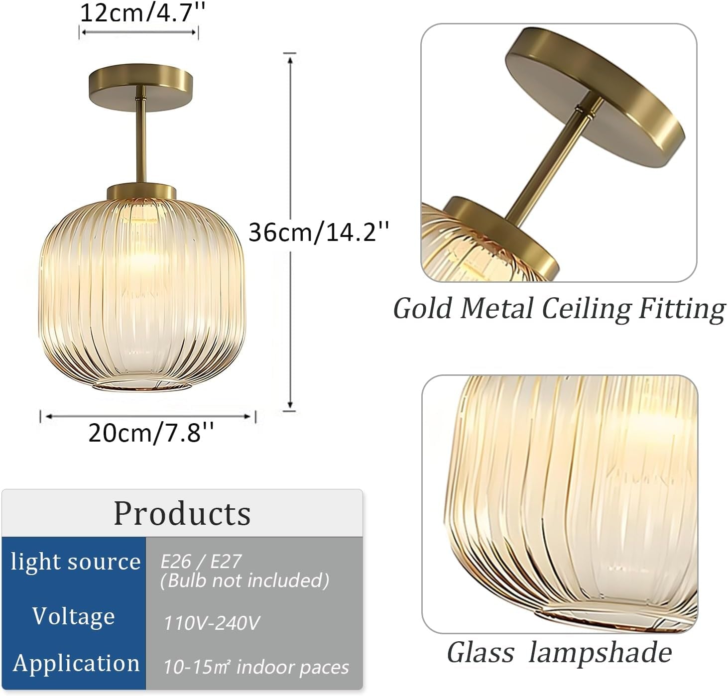 Vintage Brass & Glass Flush Mount Pendant Light, Minimalist Ceiling Lamp, E26 Chandelier for Bedroom, Hallway & Living Room Décor (Amber)