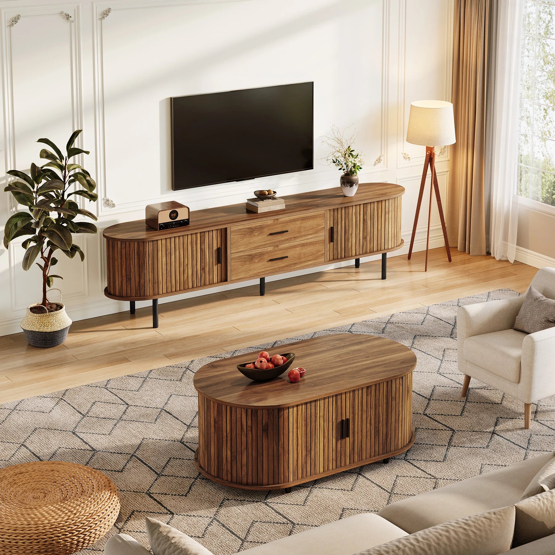 70" Mid-Century Modern TV Stand with Sliding Tambour Door, Drawers and Adjustable Shelves, Long Fluted Entertainment