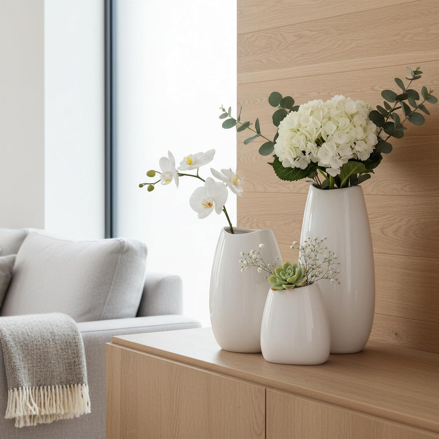 Ceramic Vase Set of 3 White Flower Vase for Home Decor, Modern Decorative Vases for Flowers/Ideal Shelf Decor/Table/Living Room/Kitchen/Office-White