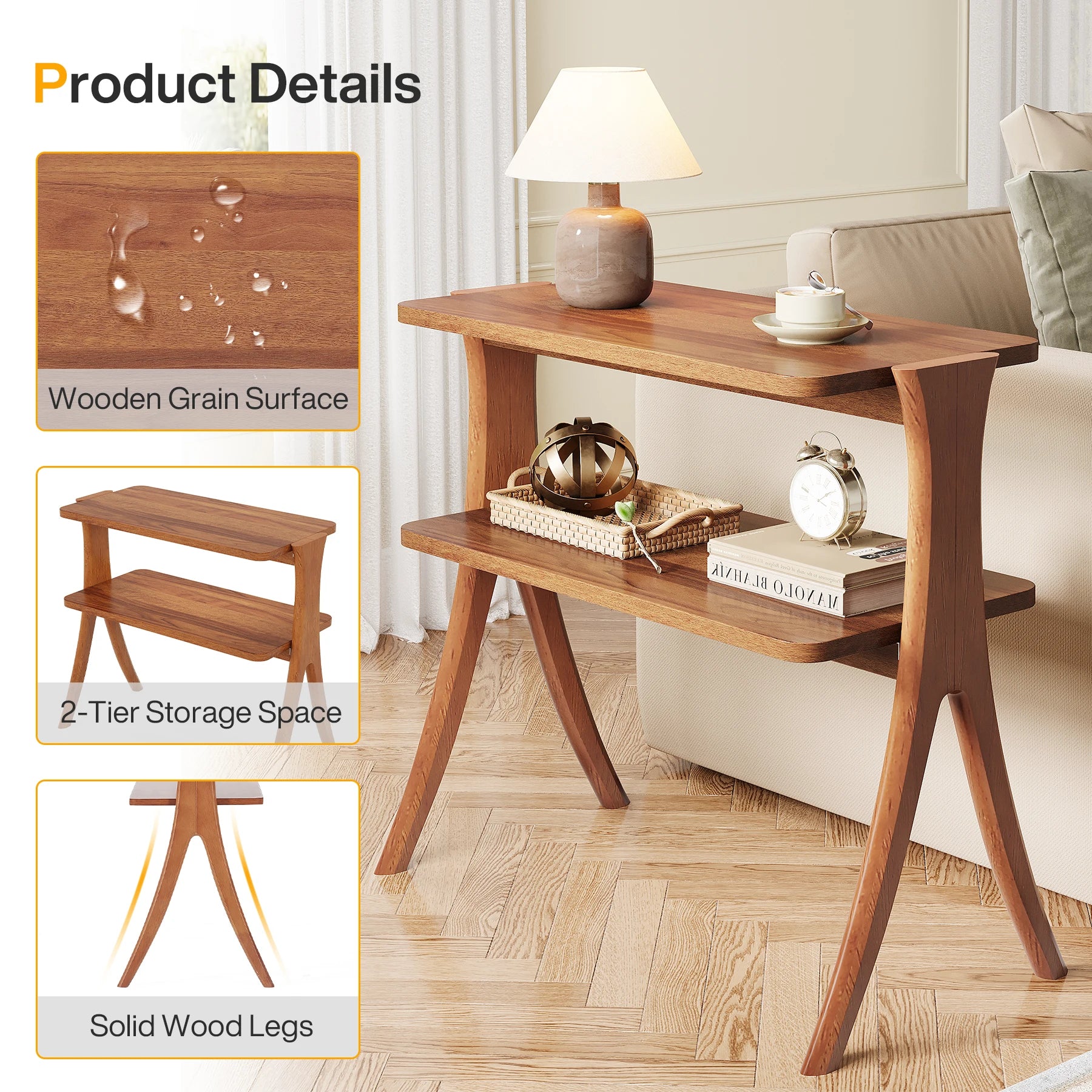 Walnut Side Table for Living Room, Narrow End Table with 2-Tier Storage Shelf and Solid Wood Legs, Slim Bedside Table