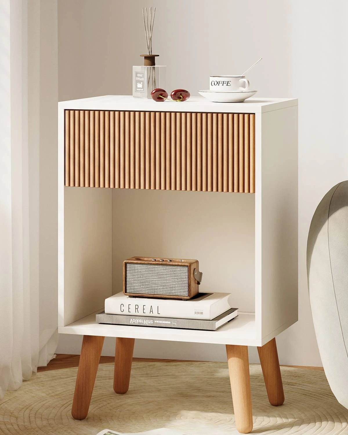 Aesthetic Fluted Nightstand Modern Bedside Table with Wood Drawer & Open Shelf | Mid-Century Room Decor