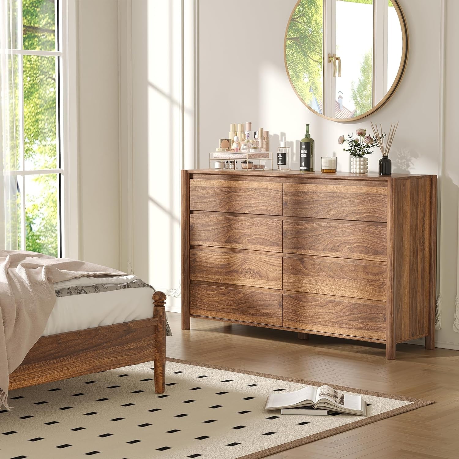 55" Wide Walnut 8 Drawer Dresser for Bedroom with Solid Wood Legs | Mid Century Modern Chest of Drawers with Hidden Handles , Large Wood Storage Dresser for Bedroom
