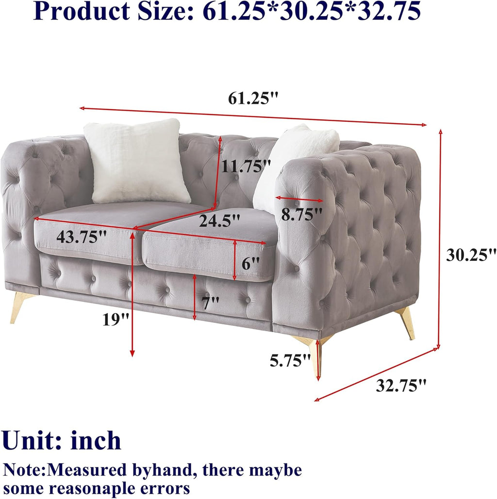 Chesterfield Loveseat, Modern Velvet Sofa Tufted Couch 2 Seater Deep Seat Chesterfield Sofa with Cloud Cushions for Living Room, Bedroom, Office, Apartment