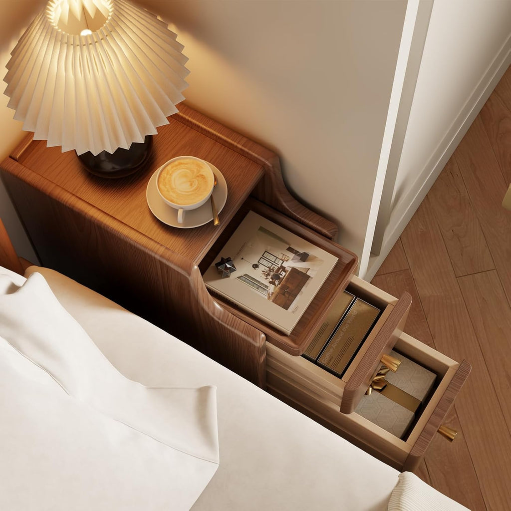 Narrow Nightstand with Drawers, Wood Bedside Table, Small Walnut Nightstand Set of 2