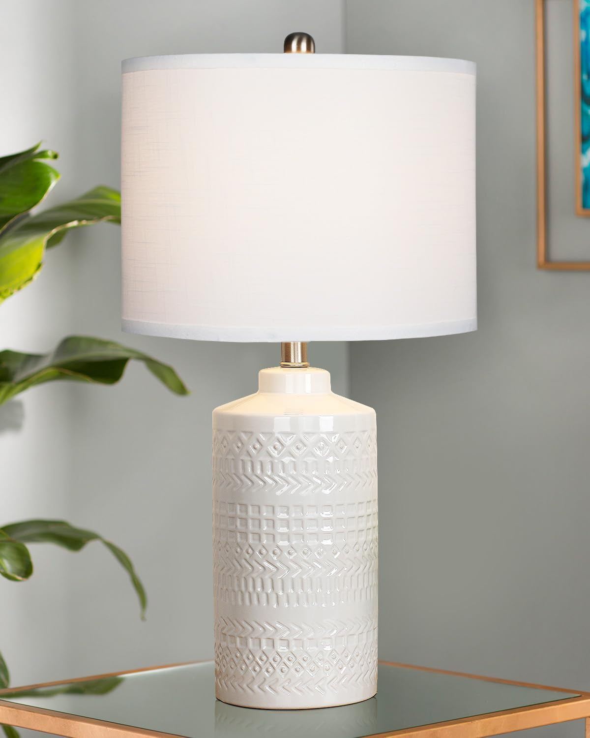 24.5" White Ceramic Table Lamp 3-Way Dimmable Nightstand with White Linen Shade Bedside Lamp for Bedrooms & Living Room Office Reading(Bulb Included)