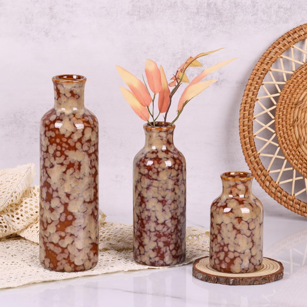 Ceramic Vase Set - 3 Crack Brown Small Vases, Farmhouse Country Flower Vase Home Decor, Living Room Decoration, Table Decoration, Fireplace Decor, and Entrance Decorations Centerpieces
