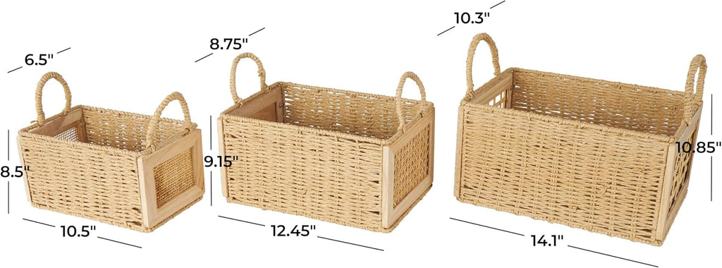 Deco 79 Rattan Decorative and Functional Storage Basket Woven Basket Organizer with Handles, Set of 3 Basket for Storage 14", 12", 11" W, Brown