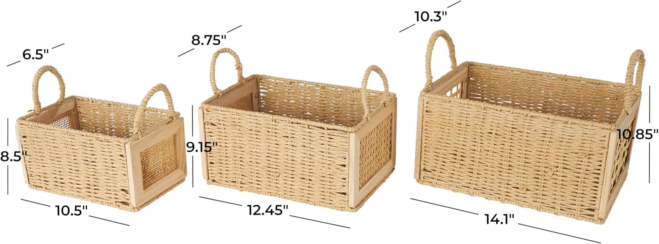 Deco 79 Rattan Decorative and Functional Storage Basket Woven Basket Organizer with Handles, Set of 3 Basket for Storage 14", 12", 11" W, Brown