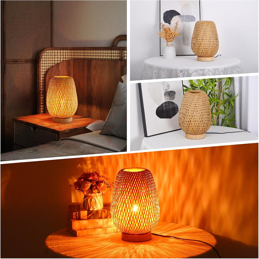 Boho Rattan Table Lamp, Stepless Dimmable Small beside Lamp, Vintage Nature Wicker Wooden Nightstand Boho Bamboo Woven End Table Lamps for Bedroom Living Room Desk Kids Room