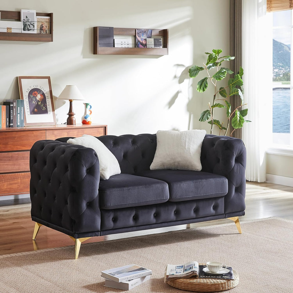 Chesterfield Loveseat, Modern Velvet Sofa Tufted Couch 2 Seater Deep Seat Chesterfield Sofa with Cloud Cushions for Living Room, Bedroom, Office, Apartment