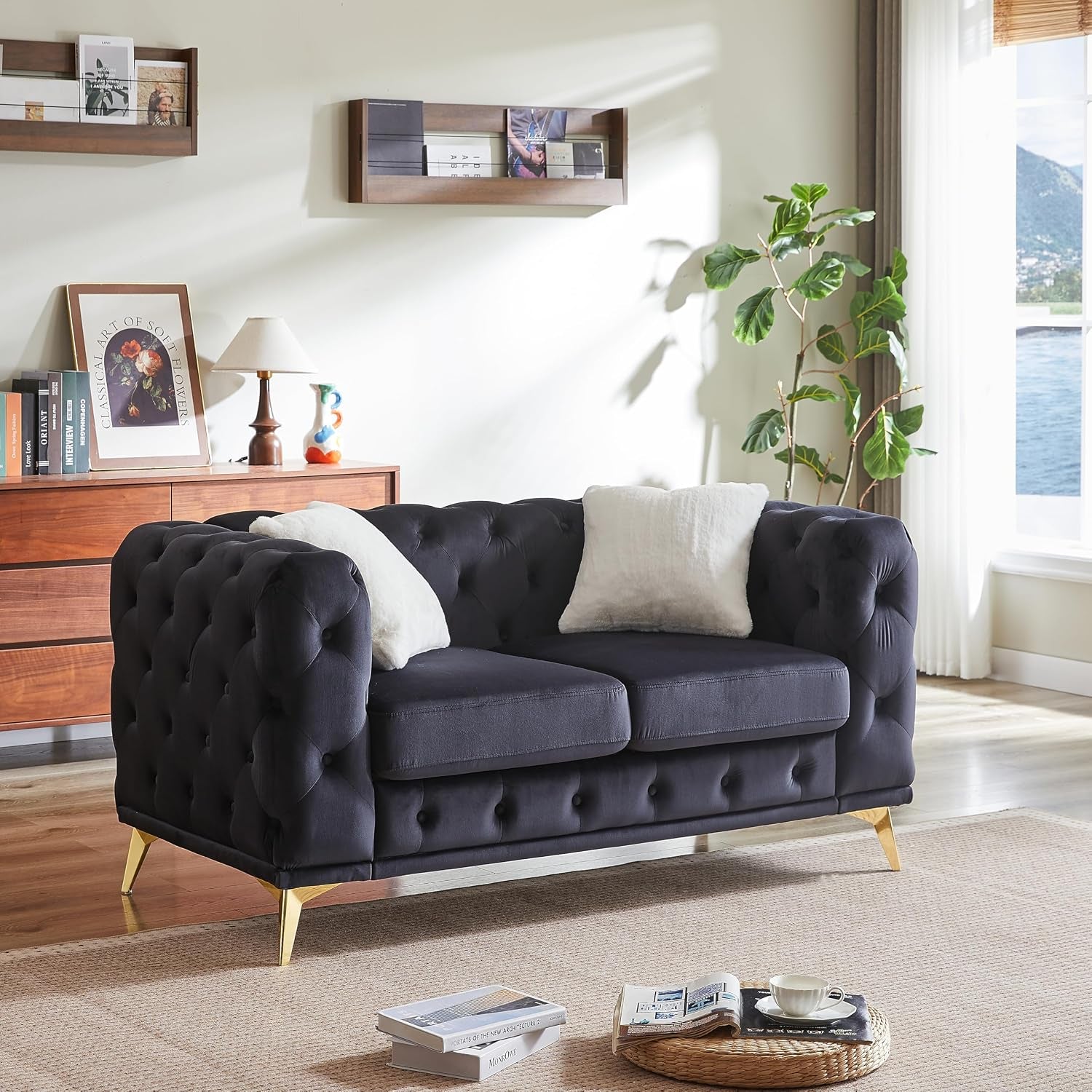 Chesterfield Loveseat, Modern Velvet Sofa Tufted Couch 2 Seater Deep Seat Chesterfield Sofa with Cloud Cushions for Living Room, Bedroom, Office, Apartment