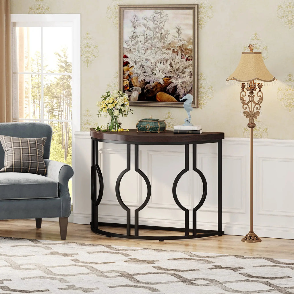 Half Moon Console Table for Entryway, 43 Inch Industrial Semi Circle Sofa Table with Geometric Base, Wood Accent Tabl