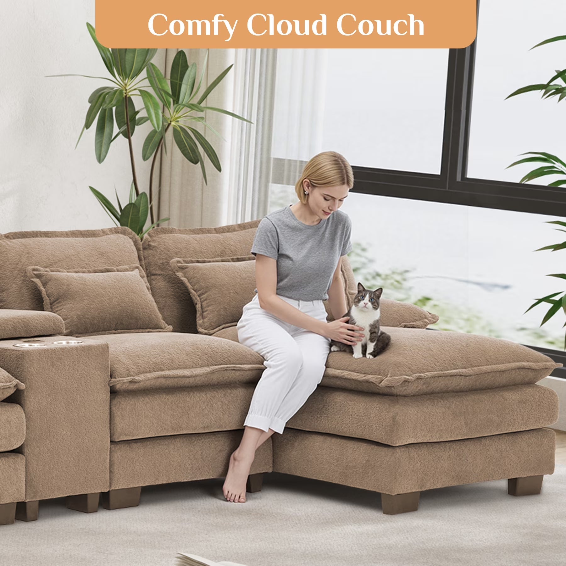133" U Shaped Cloud Couch Modular Sectional Couches for Living Room Fluffy Chenille Deep Seat Sofa Set with Double Chaise Lounge, Storage Central Console, Cup Holders, USB Port, Light Brown