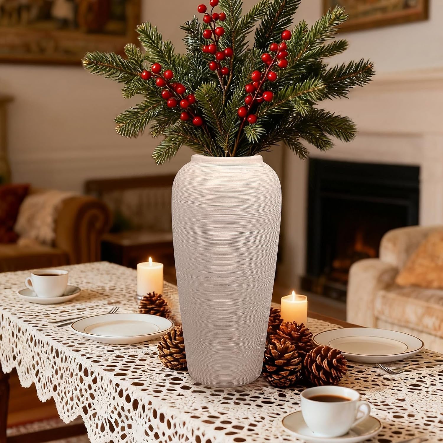 Tall Ceramic Vase 12 Inch Neutral Textured Vase,Cream Vase for Home Decor | Farmhouse Tall Ceramic Flower Vase for Dining Table,Living Room,Kitchen,Bedroom,Entryway,Christmas Gift
