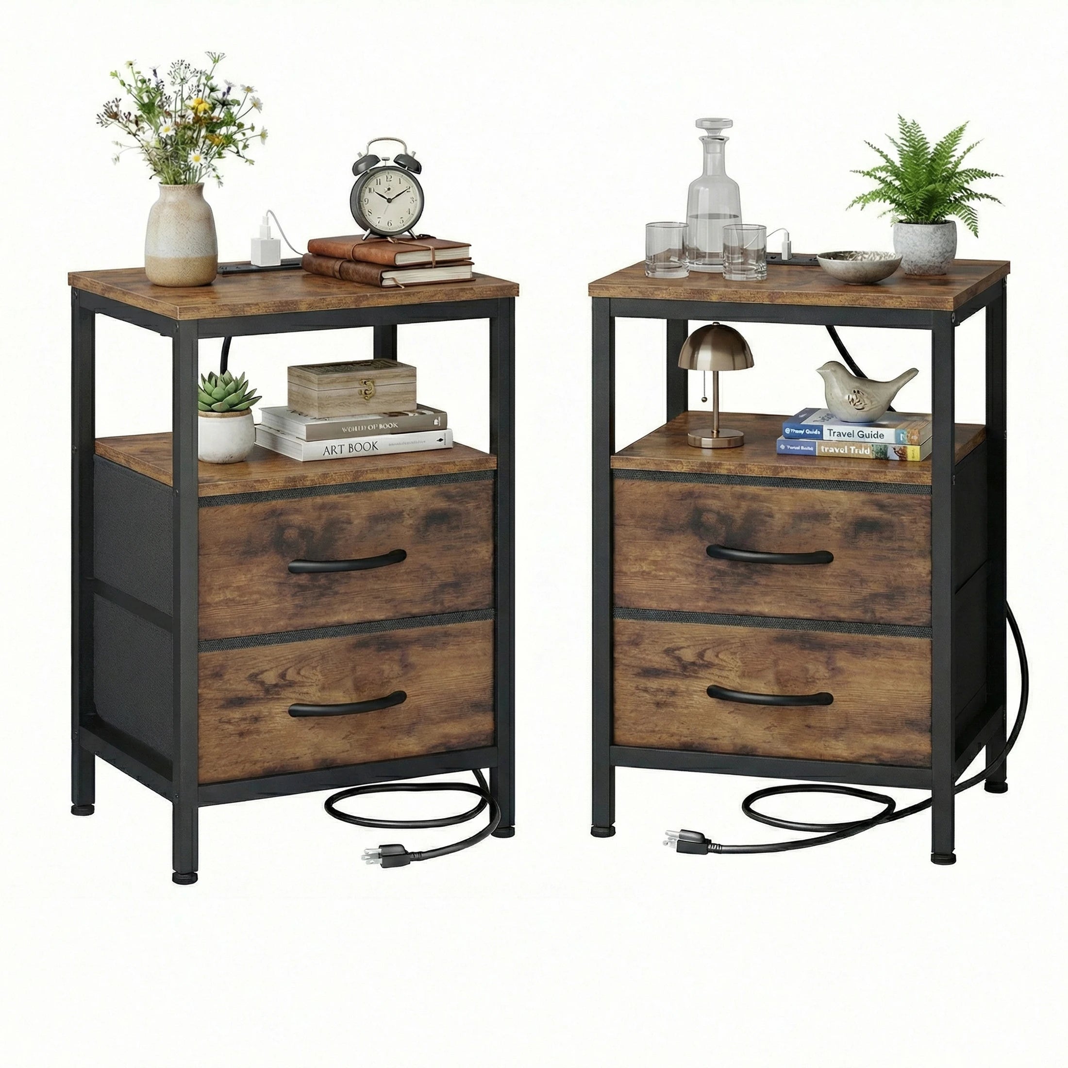 2 Fabric Drawers Nightstands Set of 2 with Open Shelf Bedside Table with USB Ports Charging Station for Living Room Bedroom