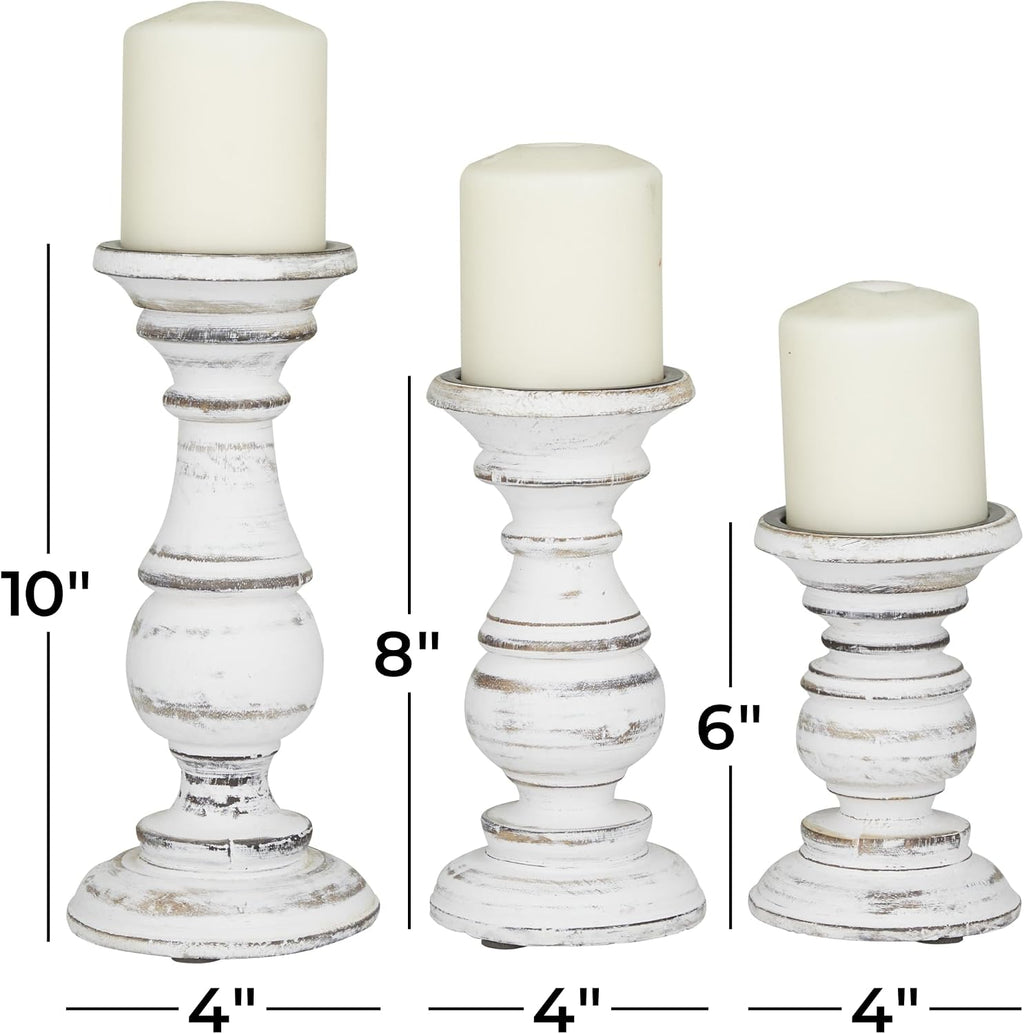 Deco 79 Mango Wood Decorative Candle Holder Turned Style Pillar Candle Stand, Set of 3 Candlestick Holder 10", 8", 6”H, White
