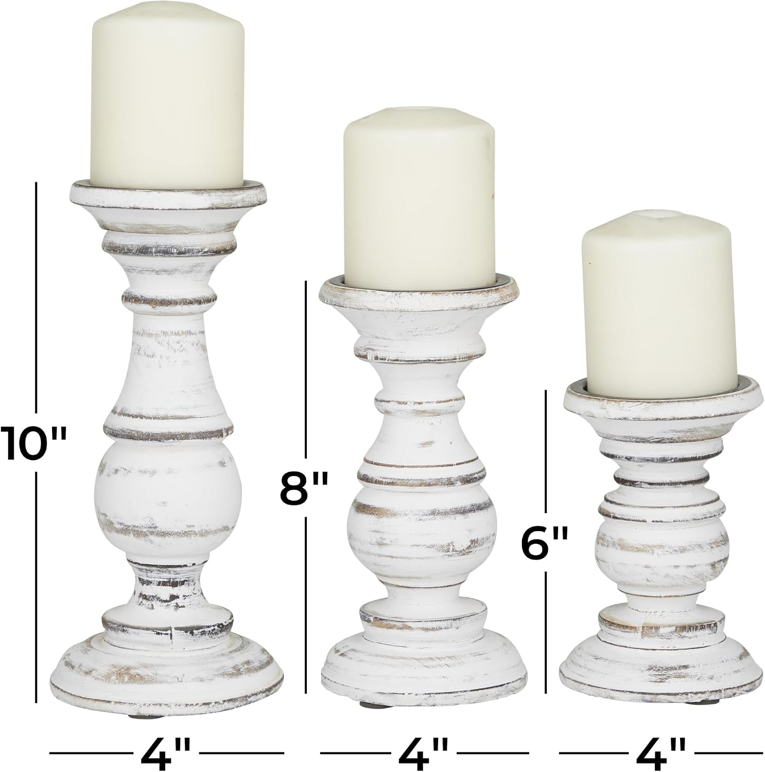 Deco 79 Mango Wood Decorative Candle Holder Turned Style Pillar Candle Stand, Set of 3 Candlestick Holder 10", 8", 6”H, White