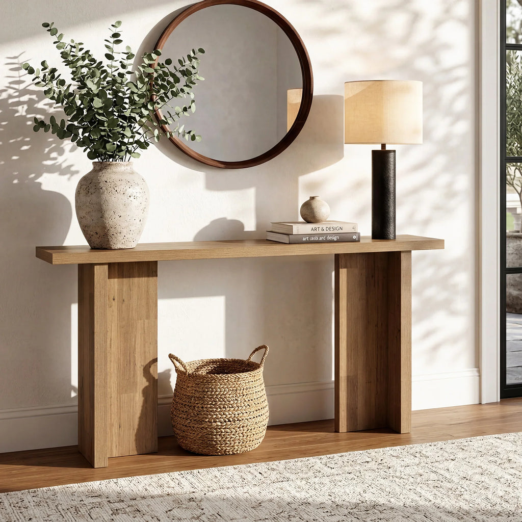 63 Inch Modern Console Table, Narrow Entryway Table with Wood Grain, Minimalist Sofa Table for Living Room, Hallway, Foyer, Entryway, Rustic Oak