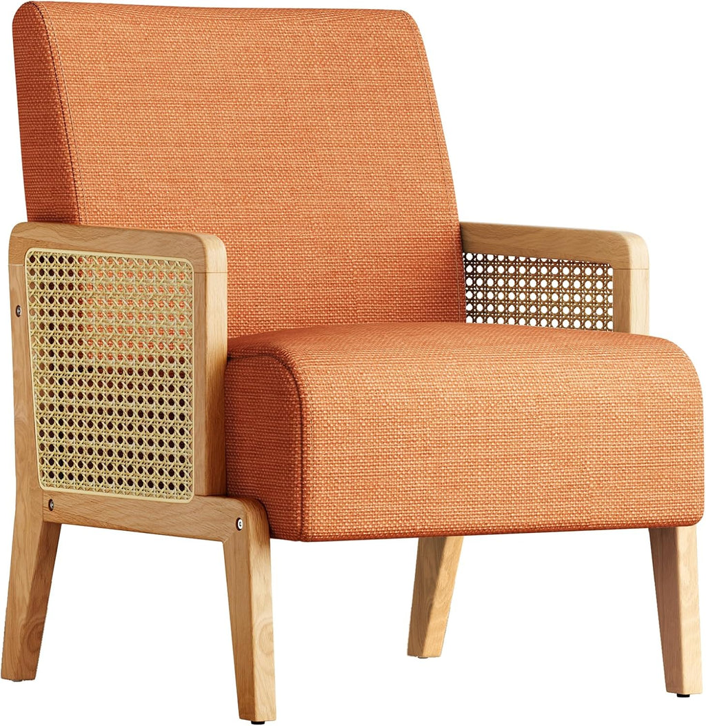 Modern Accent Chair with Rattan Armrest, Linen Fabric Arm Chair with Ash Wood Legs, Orange Accent Chair for Living Room, Bedroom, Balcony