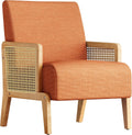 Modern Accent Chair with Rattan Armrest, Linen Fabric Arm Chair with Ash Wood Legs, Orange Accent Chair for Living Room, Bedroom, Balcony