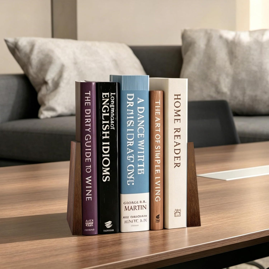 Decorative Bookends-Non Skid Triangle Walnut Bookend 6X5X4In 2Pack | Sturdy Triangle Design Bookends Supports Heavy Textbooks & Binders Upright, Adds Elegance to Desk Shelf in Office,Study,Home