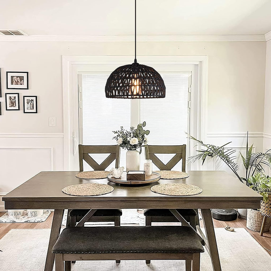 Black Woven Pendant Light Boho Chandelier Light Fixture Wicker Pendant Light Rattan Light Pendant Woven Light Fixture Dome Pendant Light for Dining Room Bedroom Kitchen Island (Bulb Incl)