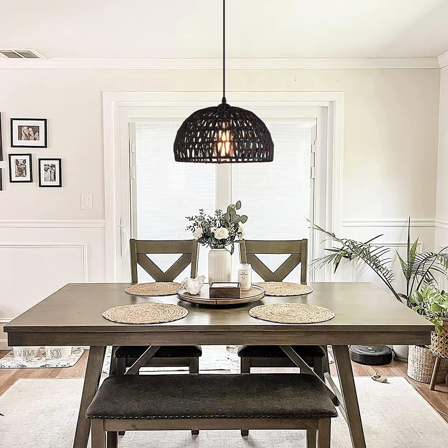 Black Woven Pendant Light Boho Chandelier Light Fixture Wicker Pendant Light Rattan Light Pendant Woven Light Fixture Dome Pendant Light for Dining Room Bedroom Kitchen Island (Bulb Incl)
