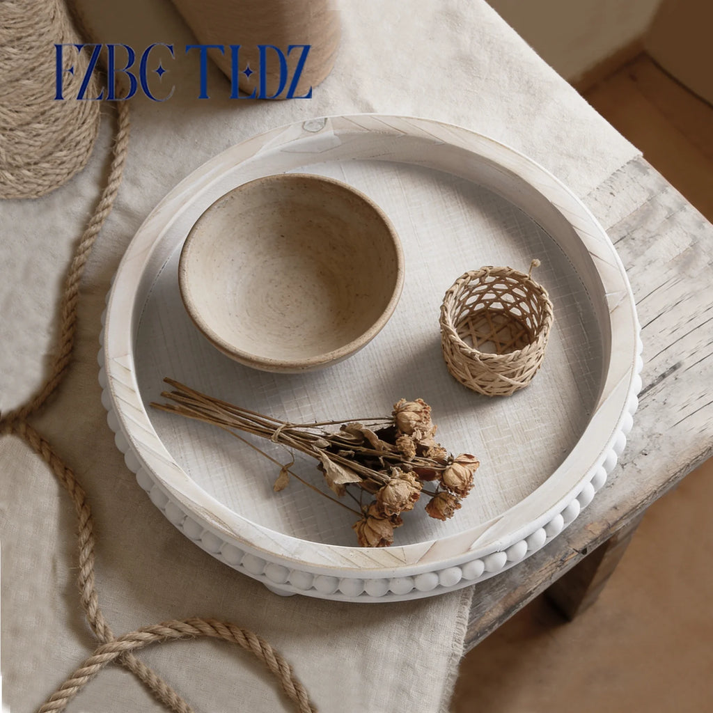 FZBCTLDZ 12" round Decorative Tray for Coffee Table, White Distressed Farmhouse Wood Tray with Beaded Rim, Rustic Home Decor Centerpiece Tray