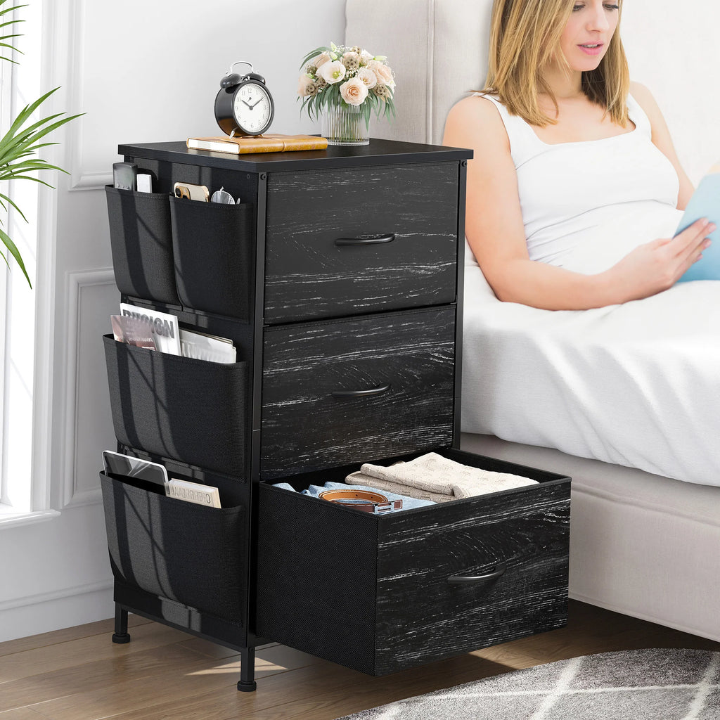 Set of 2 Nightstands, Metal Wood Storage Dresser with 3 Fabric Drawers & Side Storage Pockets for Bedroom, Closet, Hallway, Entryway