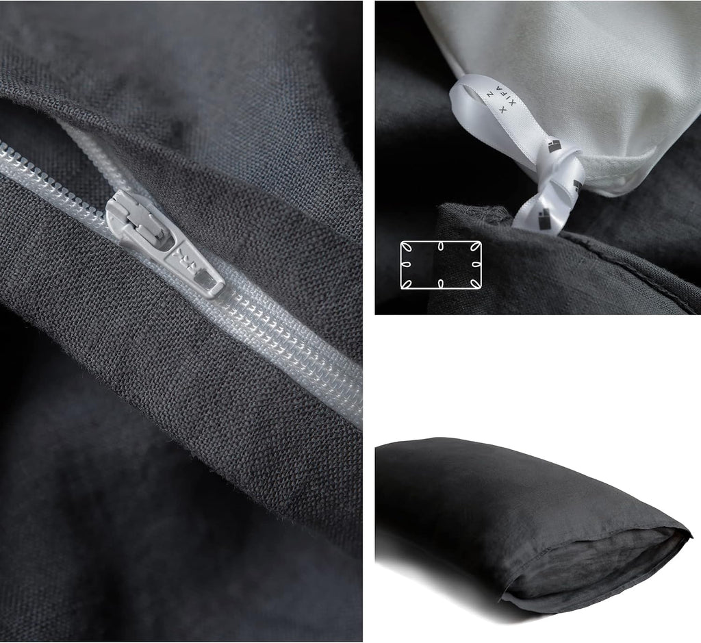100% Washed French Flax Linen Duvet Cover Set – 3 Pieces, Cooling & Textured Farmhouse Bedding for Hot Sleepers, with Zipper Closure (Dark Gray, Queen)