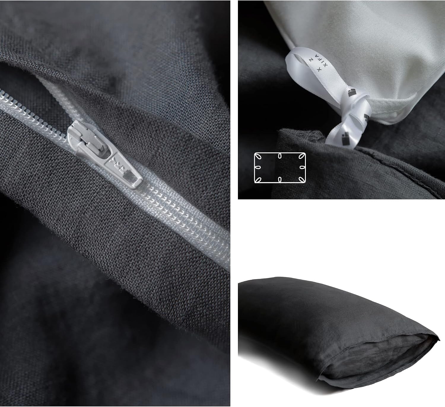 100% Washed French Flax Linen Duvet Cover Set – 3 Pieces, Cooling & Textured Farmhouse Bedding for Hot Sleepers, with Zipper Closure (Dark Gray, Queen)