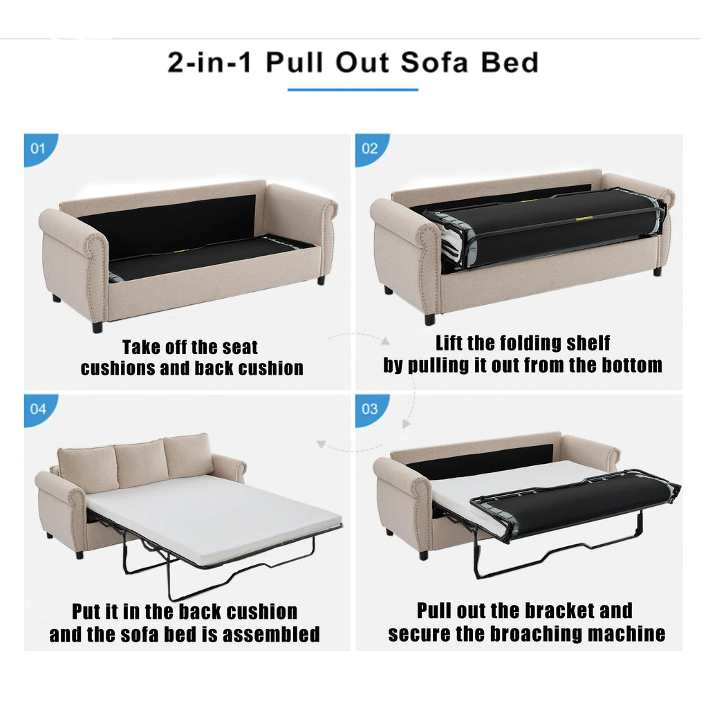 Queen Size Pull Out Sofa Bed, 2-In-1 Convertible Sleeper Couches with Memory Foam Mattress, 3 Seat Sleeper Couch Beds for Living Room, Beige