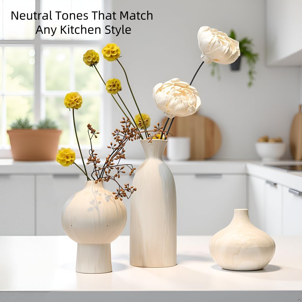 White Ceramic Vase Set of 3, Modern Organic Home Decor | Aged-Stone Texture, Sculptural Silhouettes, Effortless Neutral Styling, Display Together or Separately on Shelves and Mantels